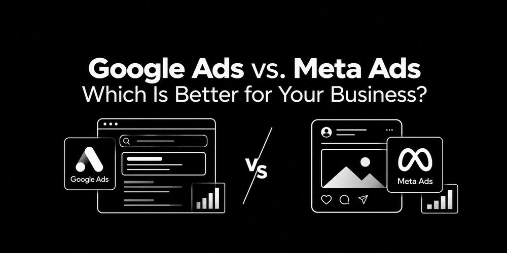 Google Ads vs. Meta Ads comparison with search advertising and social media advertising illustrations on a black background