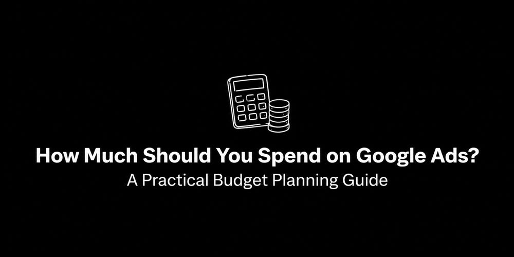 Google Ads budget planning guide with calculator and coins illustration