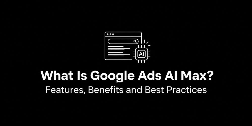 Google Ads AI Max for Search guide cover with search interface and AI chip illustration